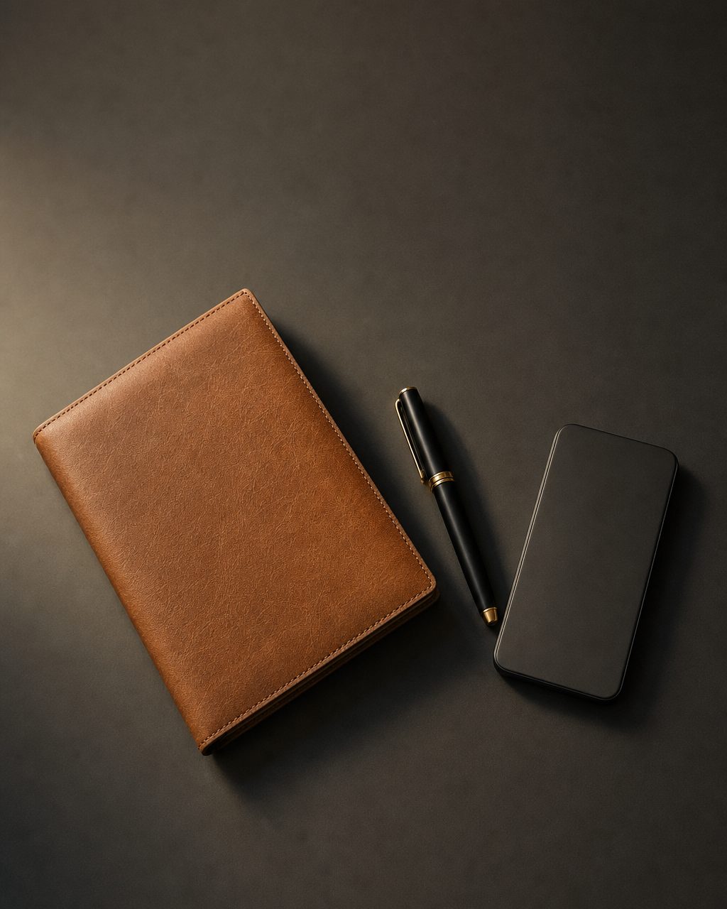 A closed leather folio, a fountain pen and a phone lying face down on a dark surface, photographed from above.