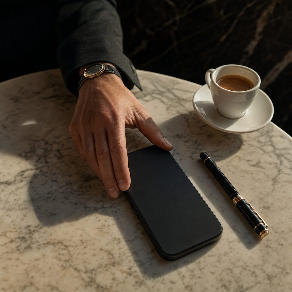 A hand with a wristwatch reaching for a phone lying face down on a marble table, beside an espresso and a fountain pen.