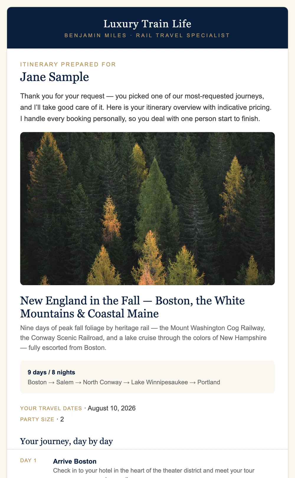 The branded itinerary email a lead receives: prepared-for name, destination photo, package name, dates and route, then the day-by-day.