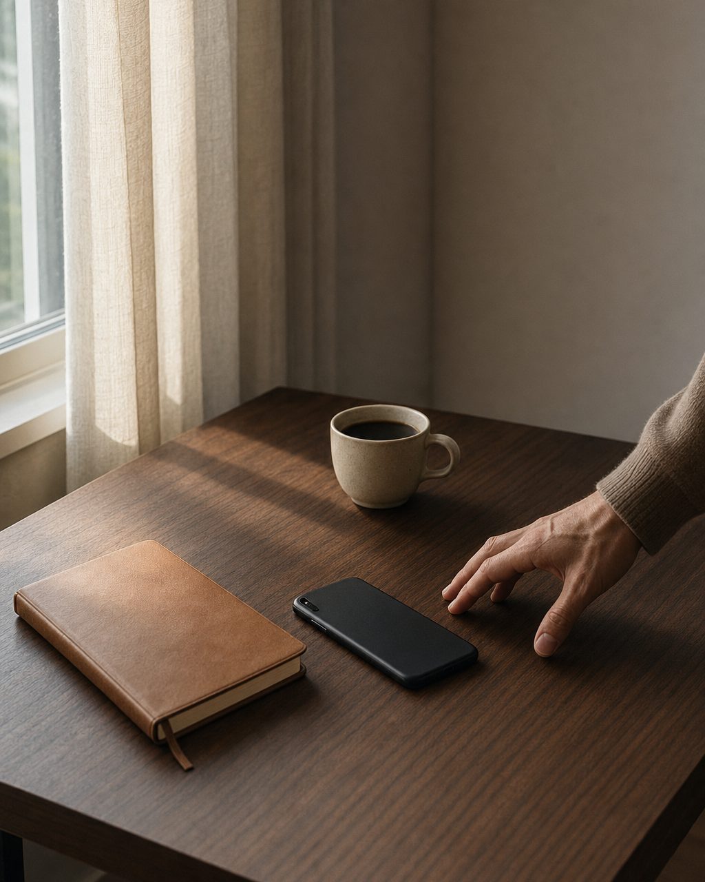 A phone lying face down on a walnut desk beside a closed notebook and a coffee in early morning light.
