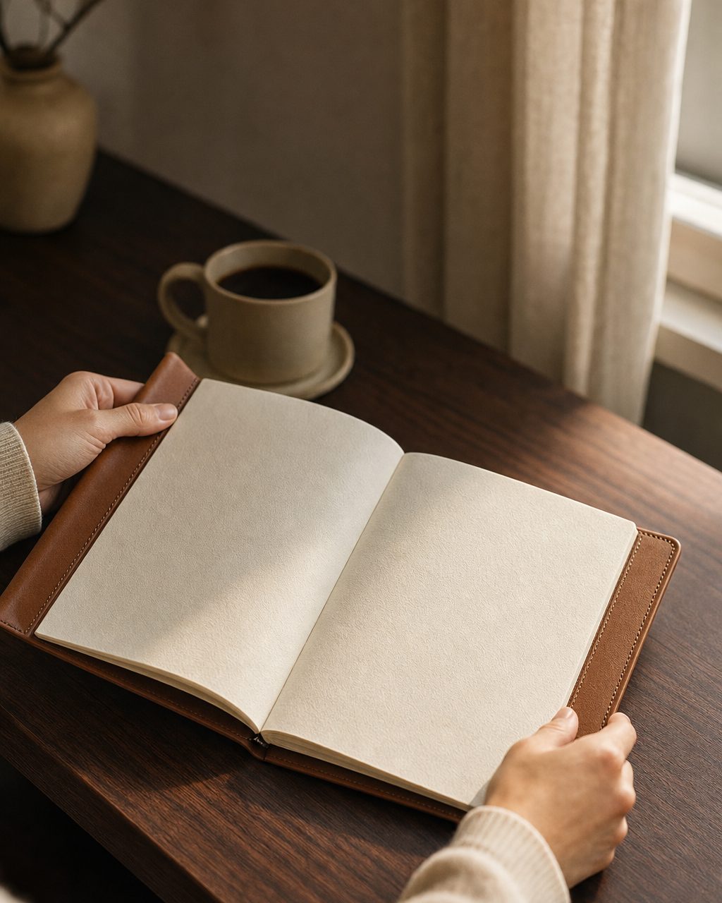 Hands setting down an open blank paper folio on a desk in warm side light.